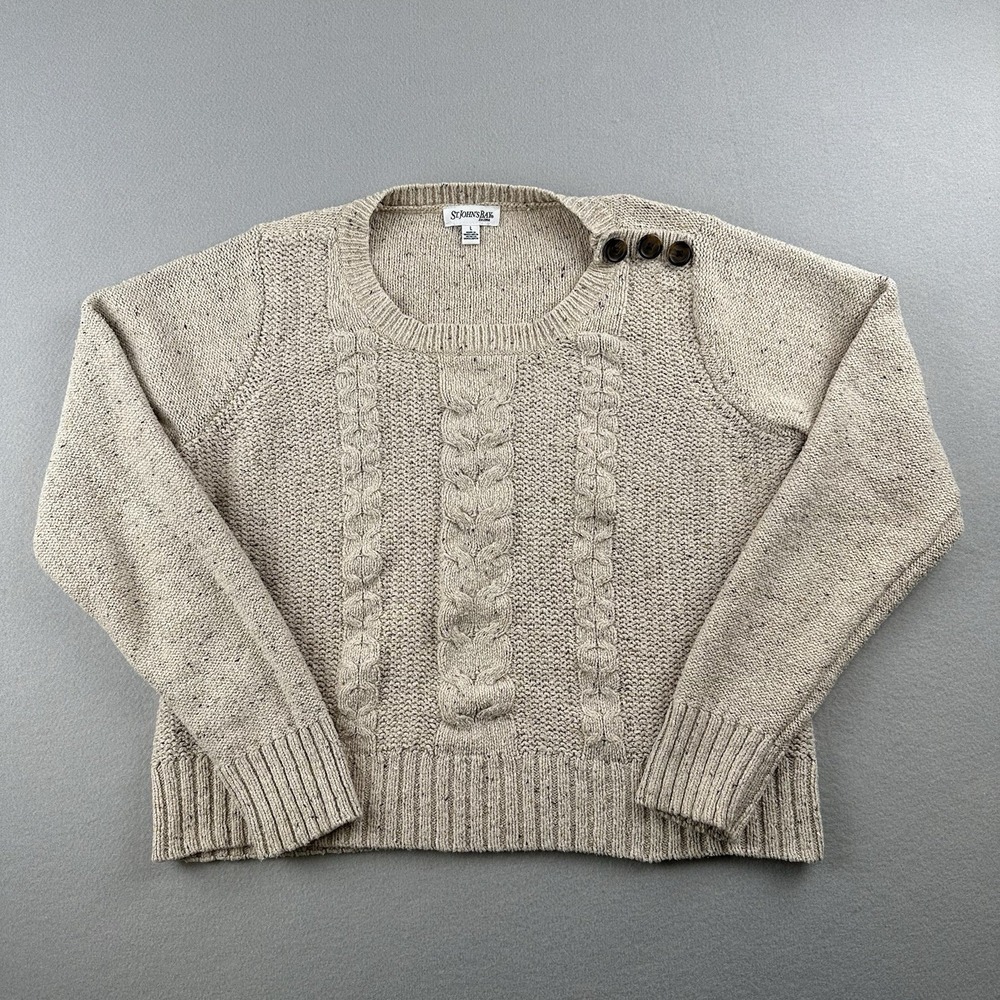 St. Johns Bay Sweater Women Large Beige Cable Knit Button Shoulder Marl Scoop